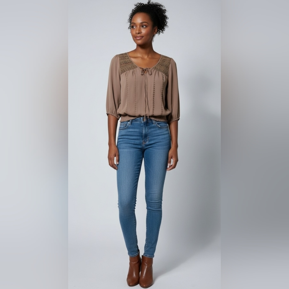 Reese Brown Peasant Top 3/4 Sleeve With Crochet Accent Size S